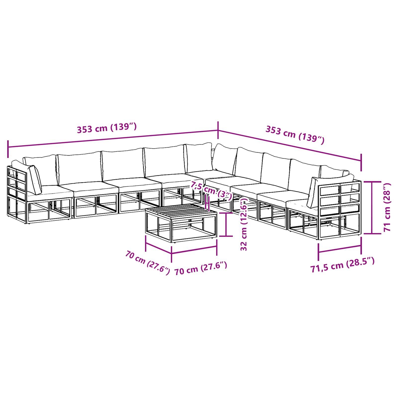 Conjunto de sofás de jardín con cojín 10 pcs Negro Aluminio