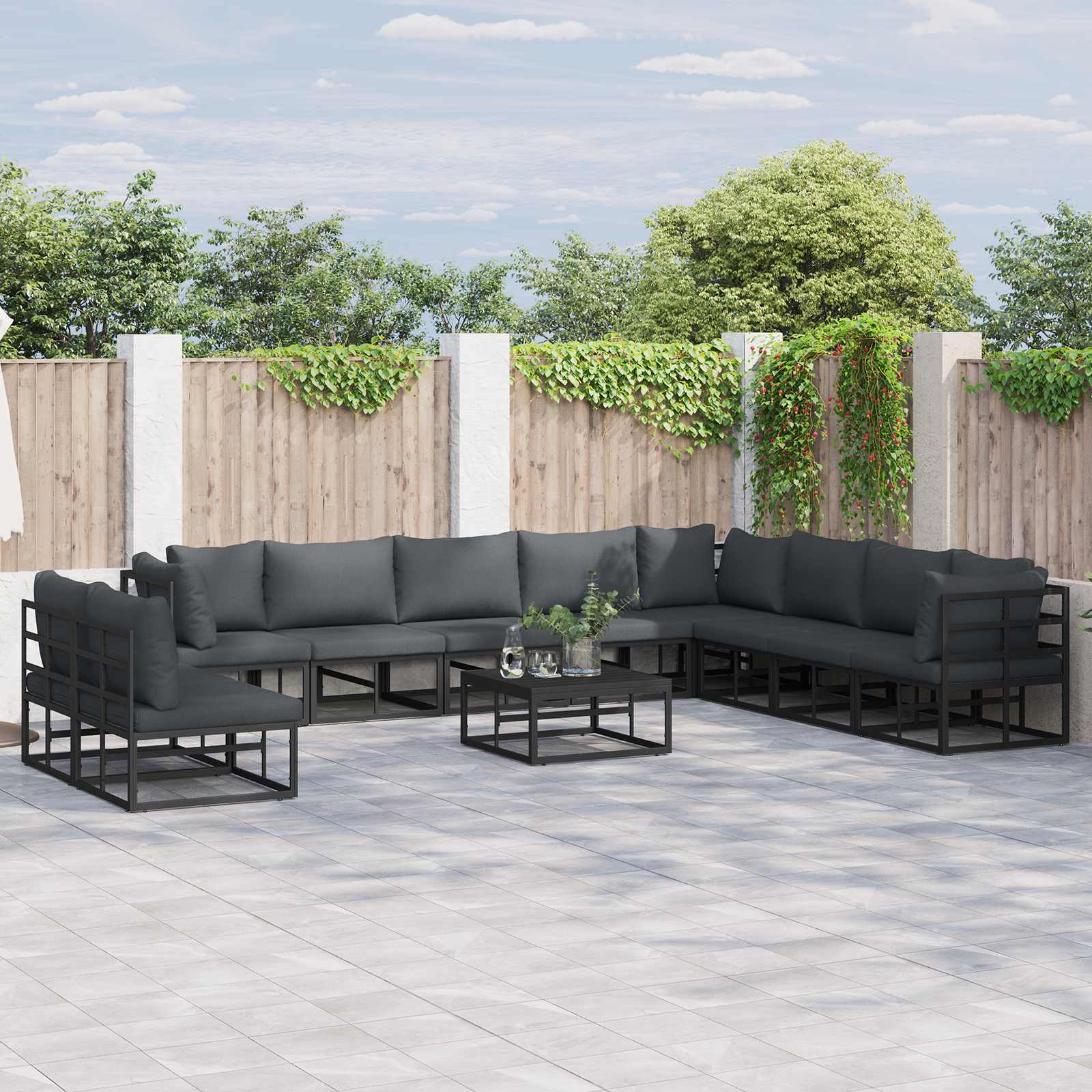 Conjunto de sofás de jardín con cojín 10 pcs Negro Aluminio
