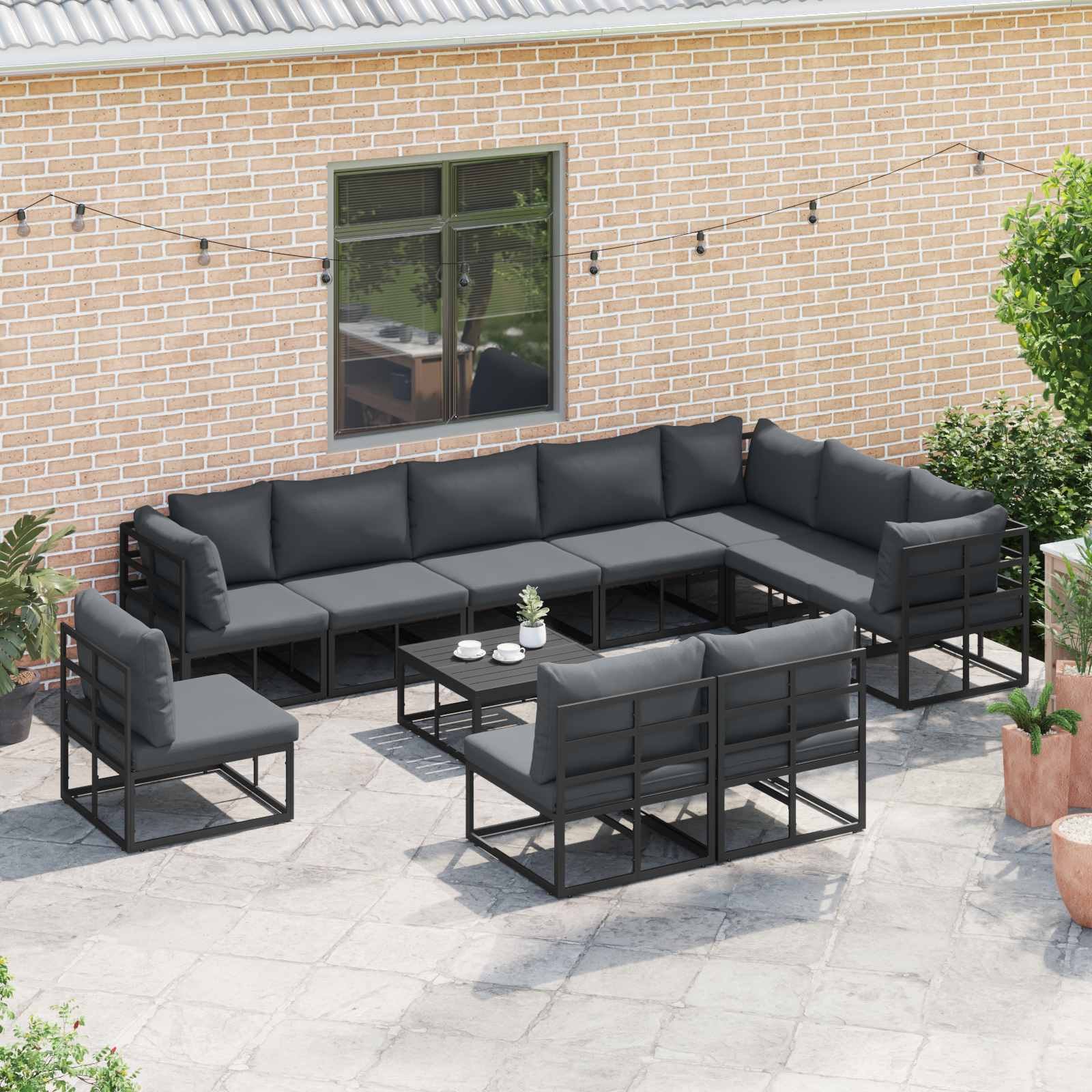 Conjunto de sofás de jardín con cojín 10 pcs Negro Aluminio