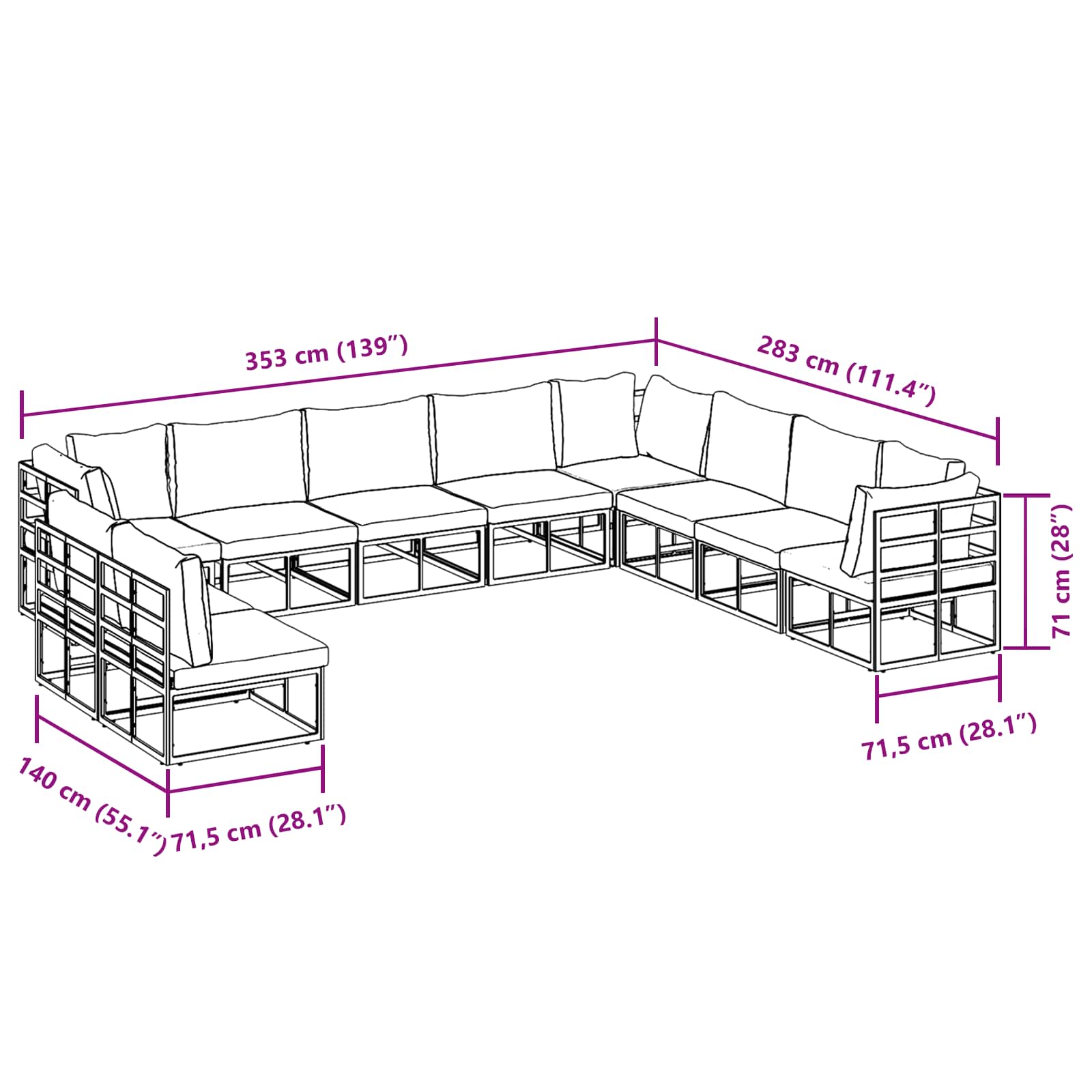 Conjunto de sofás de jardín con cojín 10 pcs Negro Aluminio