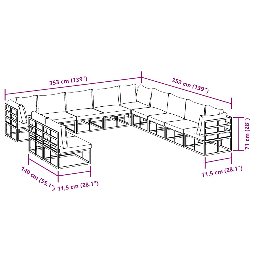 Conjunto de sofás de jardín con cojín 11 pcs Negro Aluminio