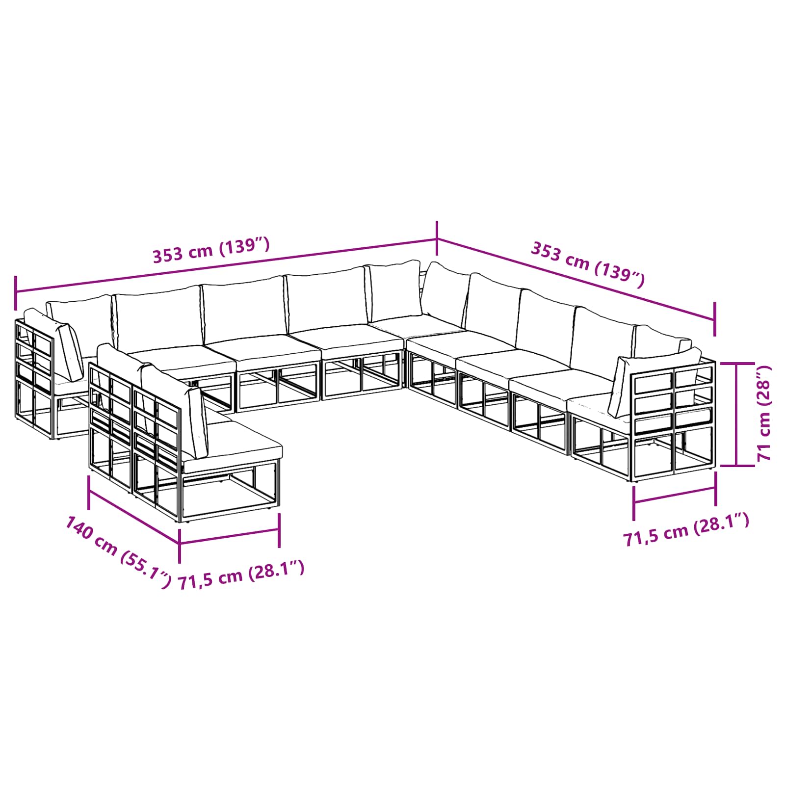 Conjunto de sofás de jardín con cojín 11 pcs Negro Aluminio