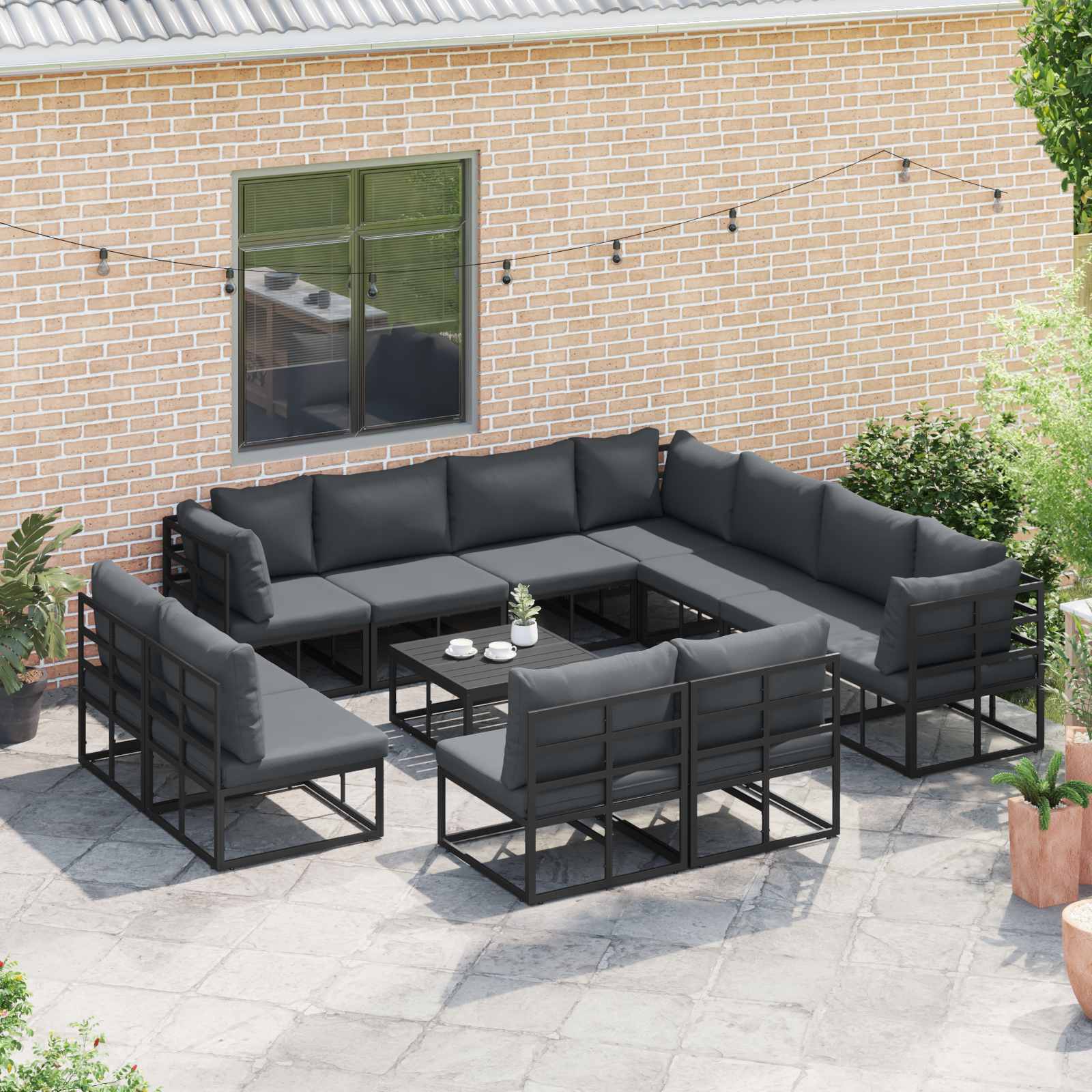 Conjunto de sofás de jardín con cojín 12 pcs Negro Aluminio