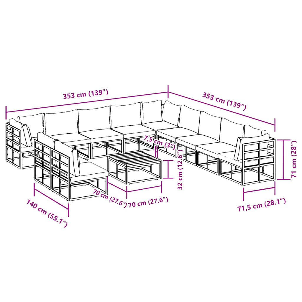 Conjunto de sofás de jardín con cojín 12 pcs Negro Aluminio