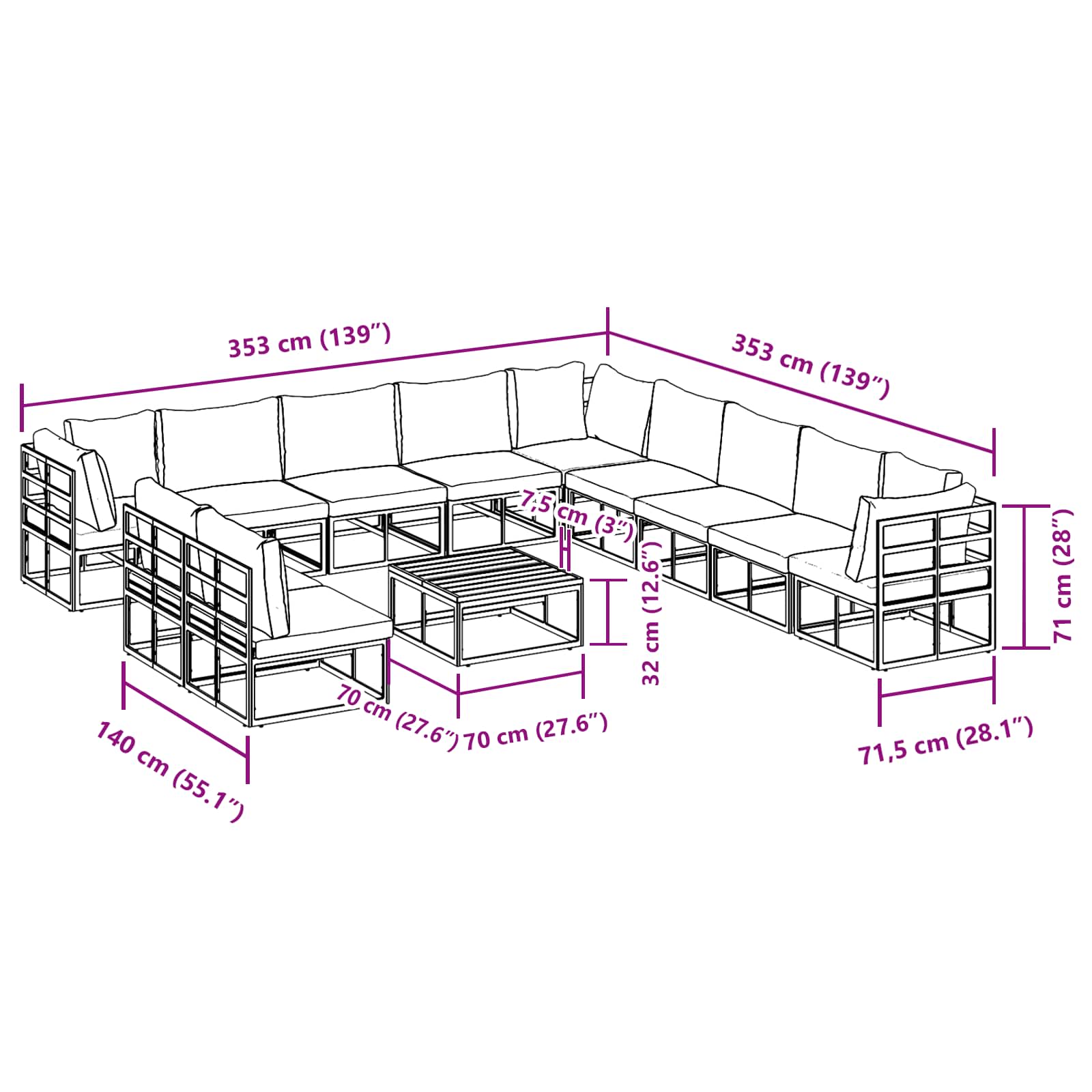 Conjunto de sofás de jardín con cojín 12 pcs Negro Aluminio