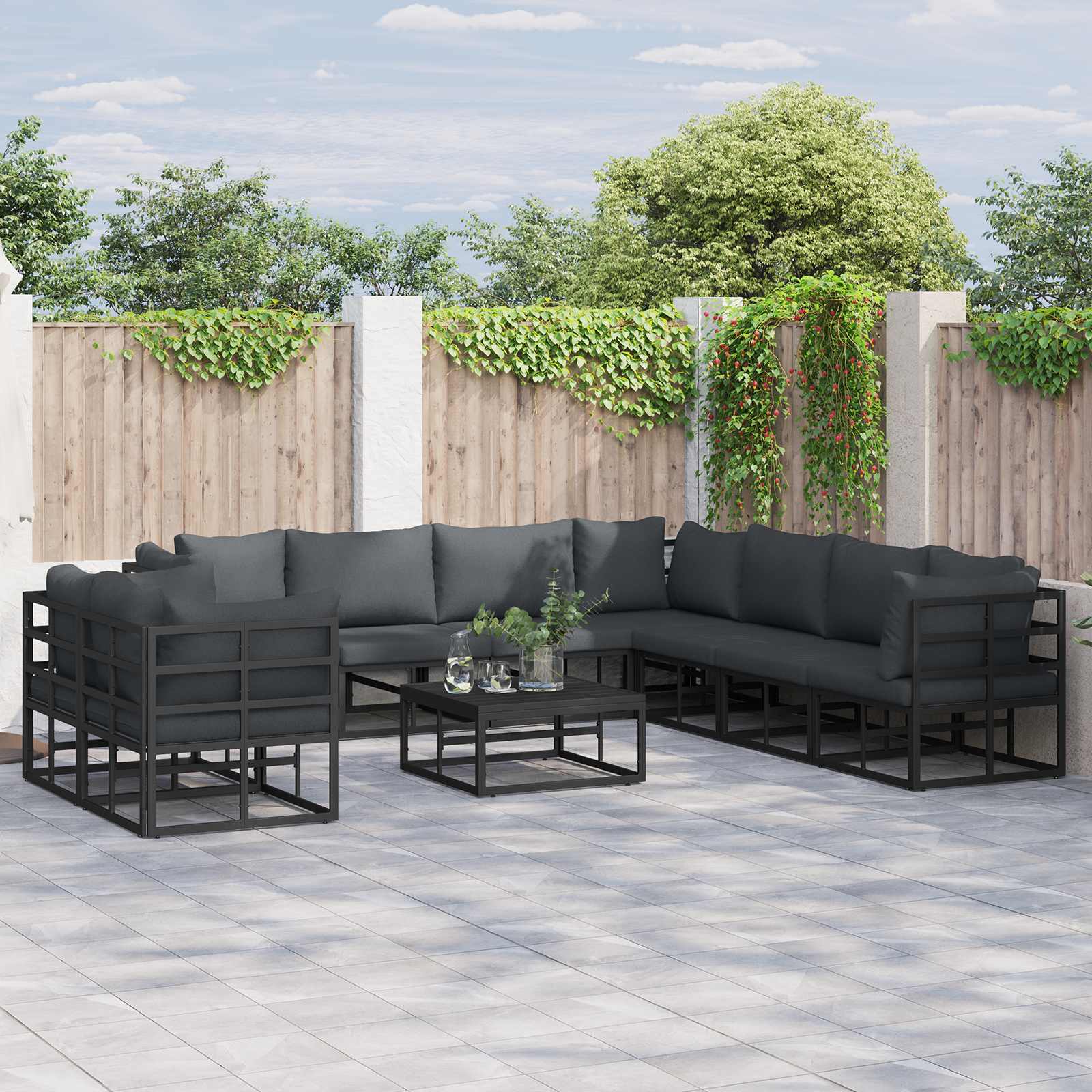 Conjunto de sofás de jardín con cojín 10 pcs Negro Aluminio