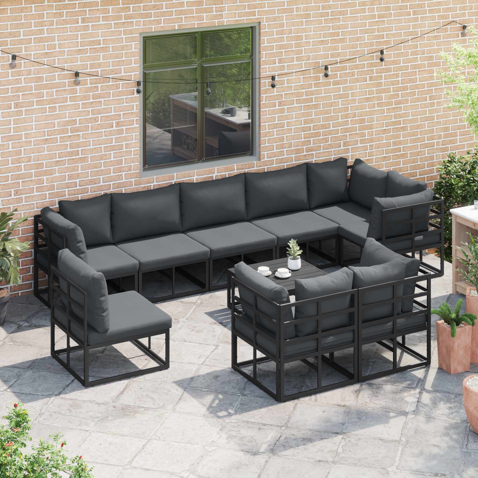 Conjunto de sofás de jardín con cojín 10 pcs Negro Aluminio