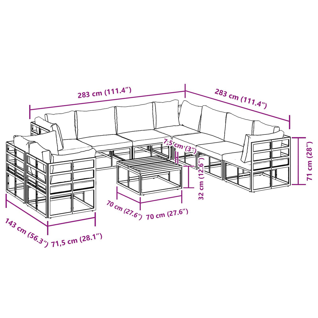 Conjunto de sofás de jardín con cojín 10 pcs Negro Aluminio