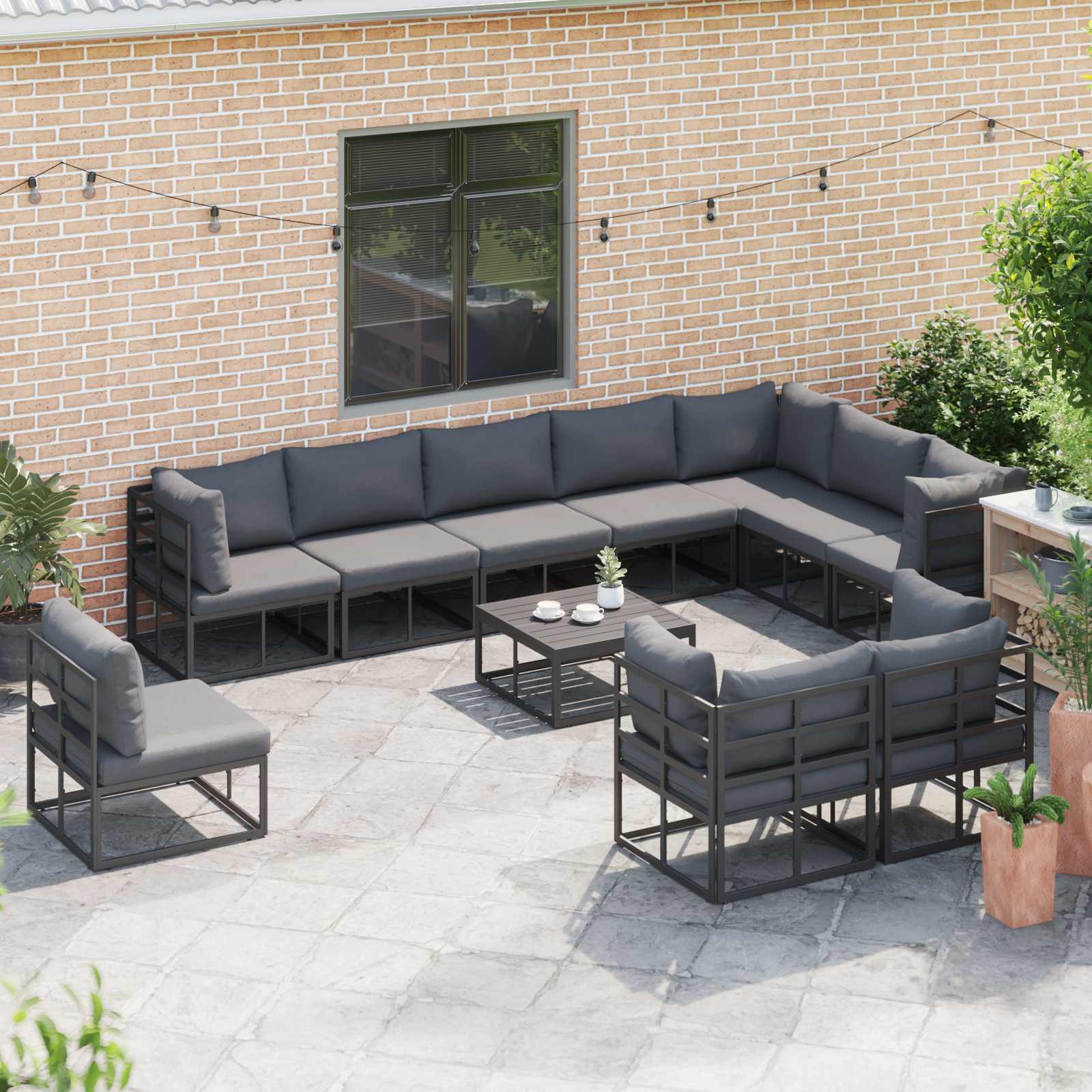 Conjunto de sofás de jardín con cojín 10 pcs Negro Aluminio