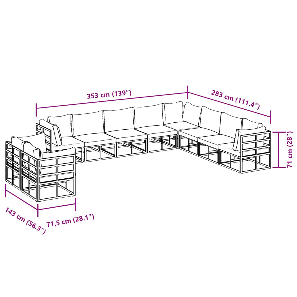 Conjunto de sofás de jardín con cojín 10 pcs Negro Aluminio