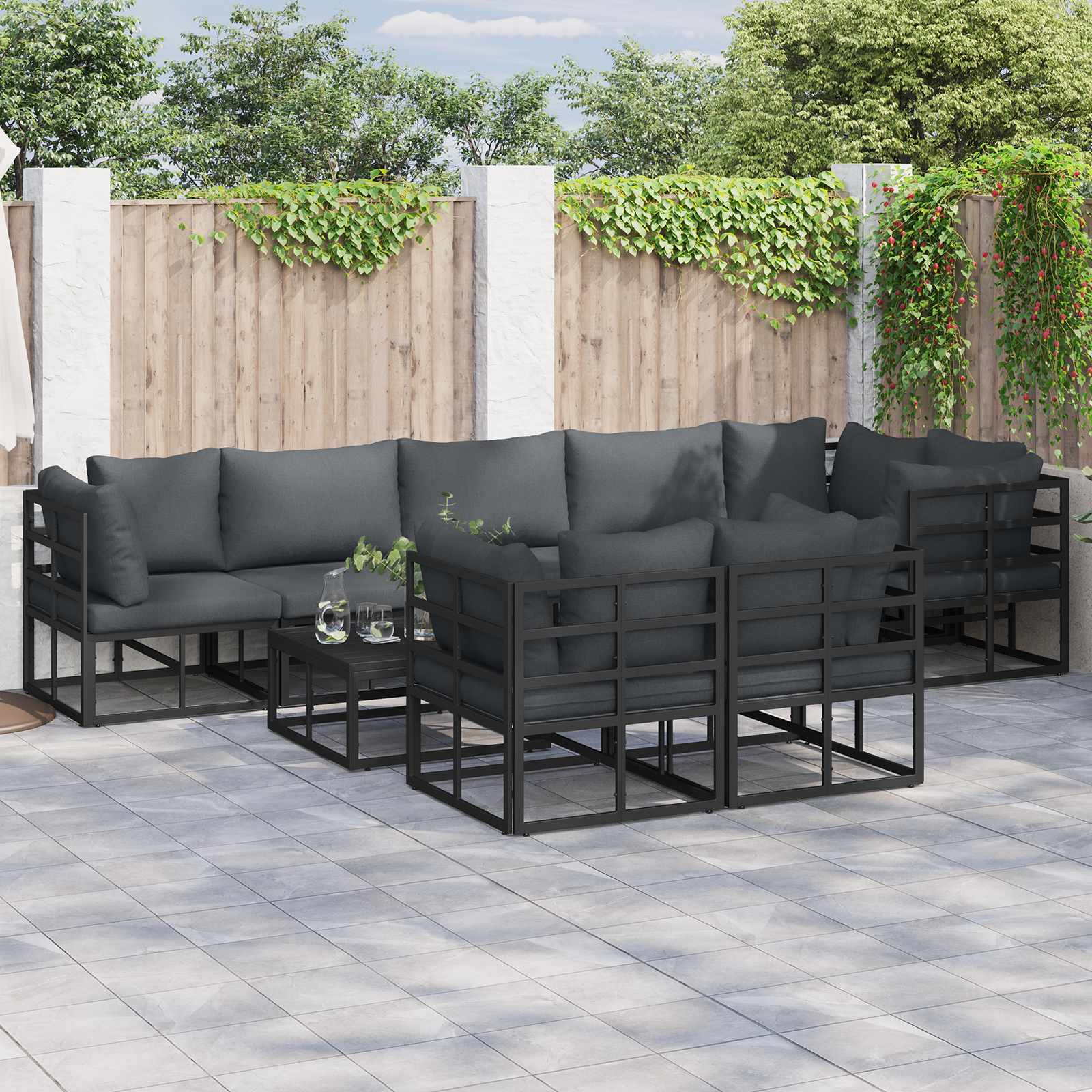 Conjunto de sofás de jardín con cojín 8 pcs Negro Aluminio