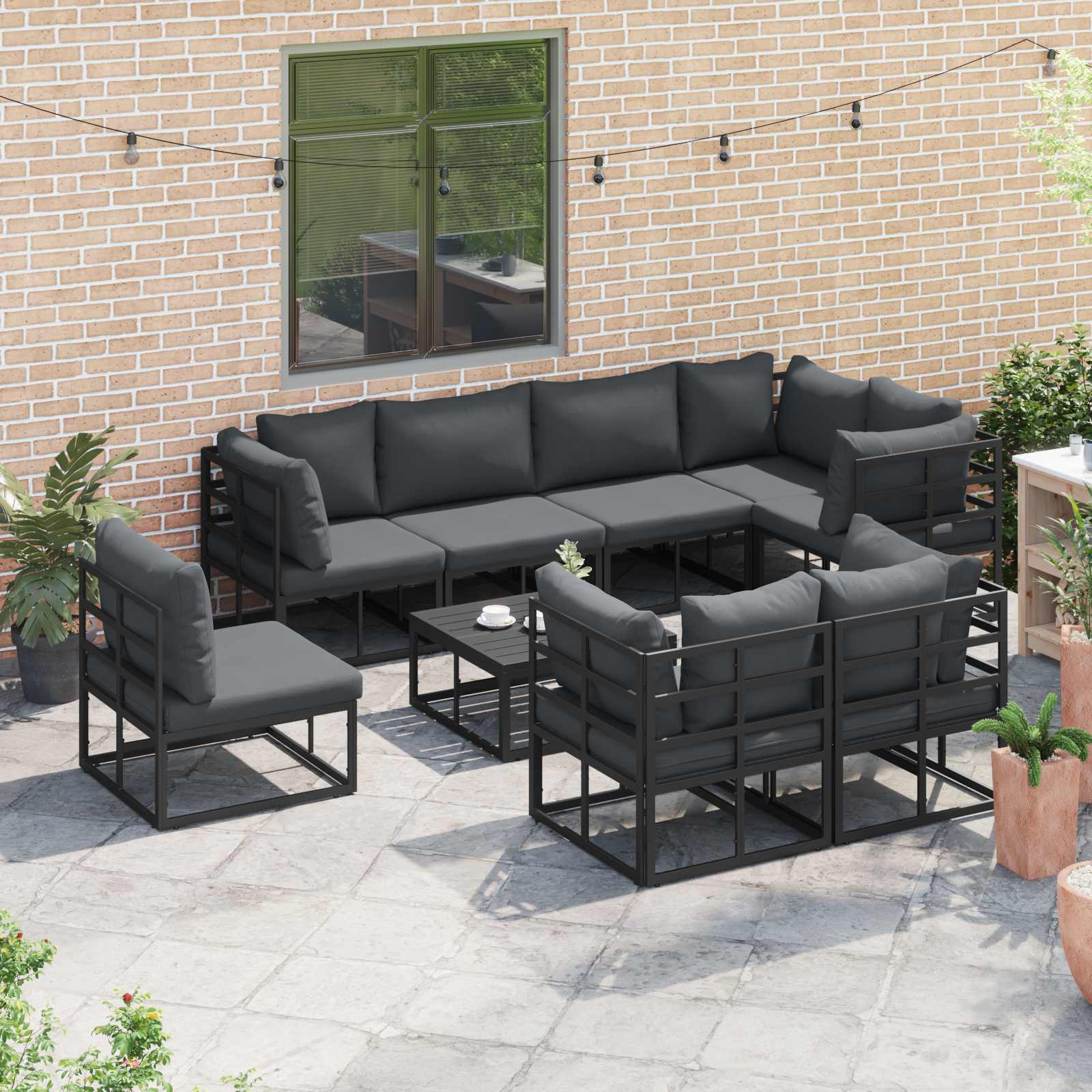Conjunto de sofás de jardín con cojín 8 pcs Negro Aluminio