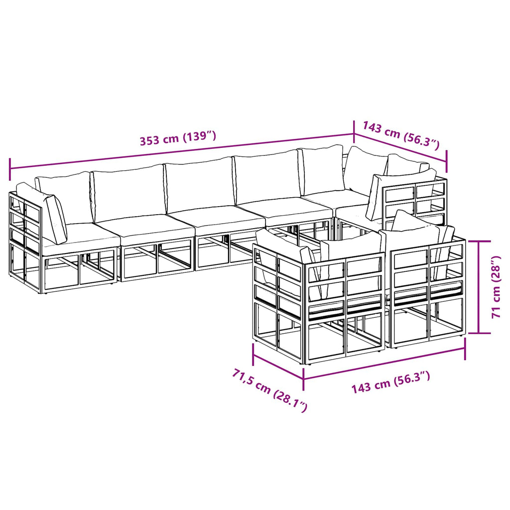 Conjunto de sofás de jardín con cojín 8 pcs Negro Aluminio