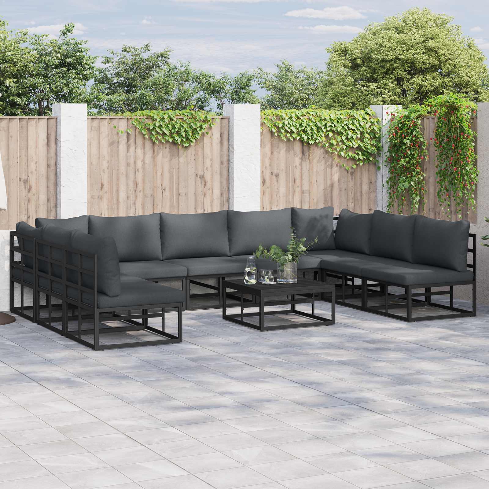 Conjunto de sofás de jardín con cojín 10 pcs Negro Aluminio