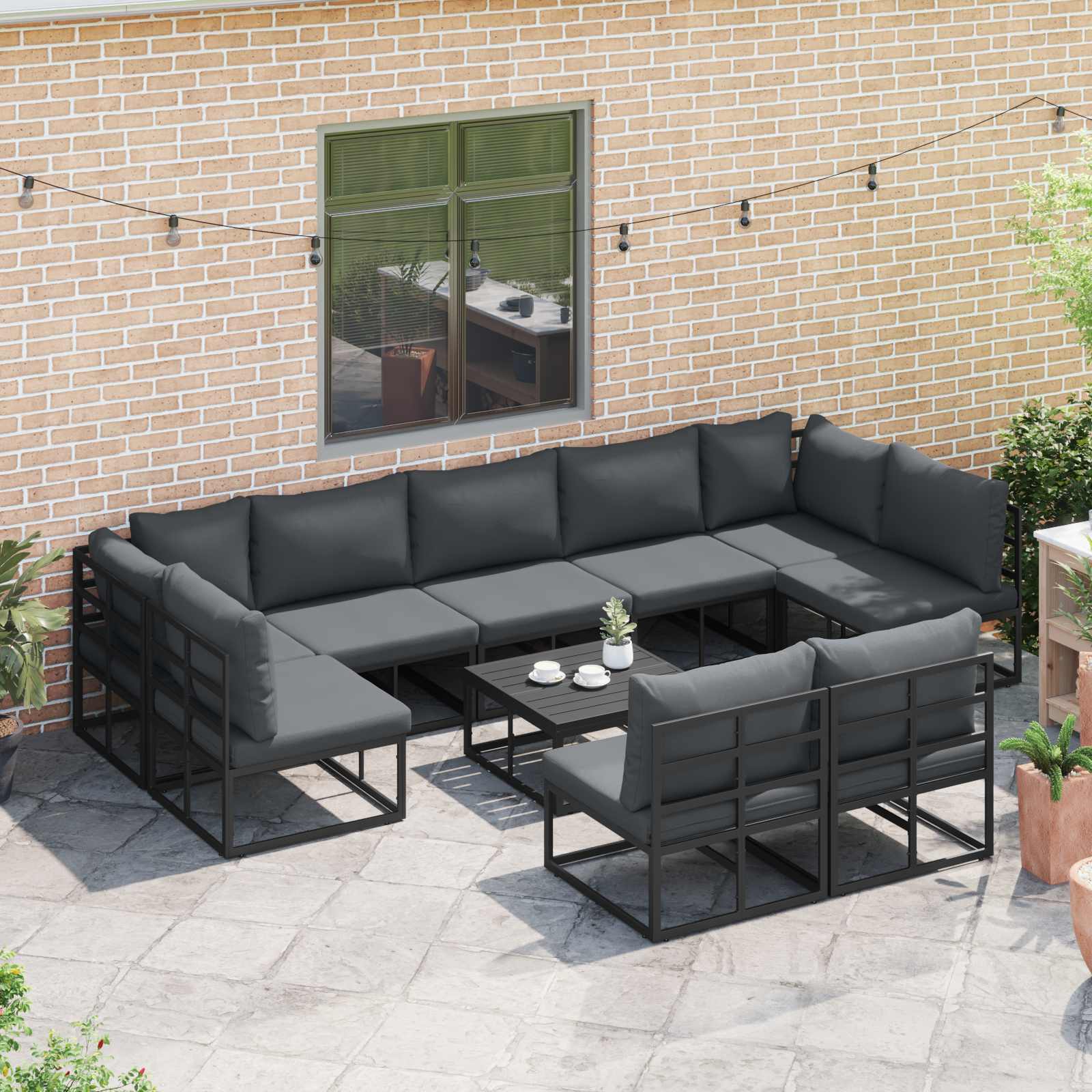 Conjunto de sofás de jardín con cojín 10 pcs Negro Aluminio