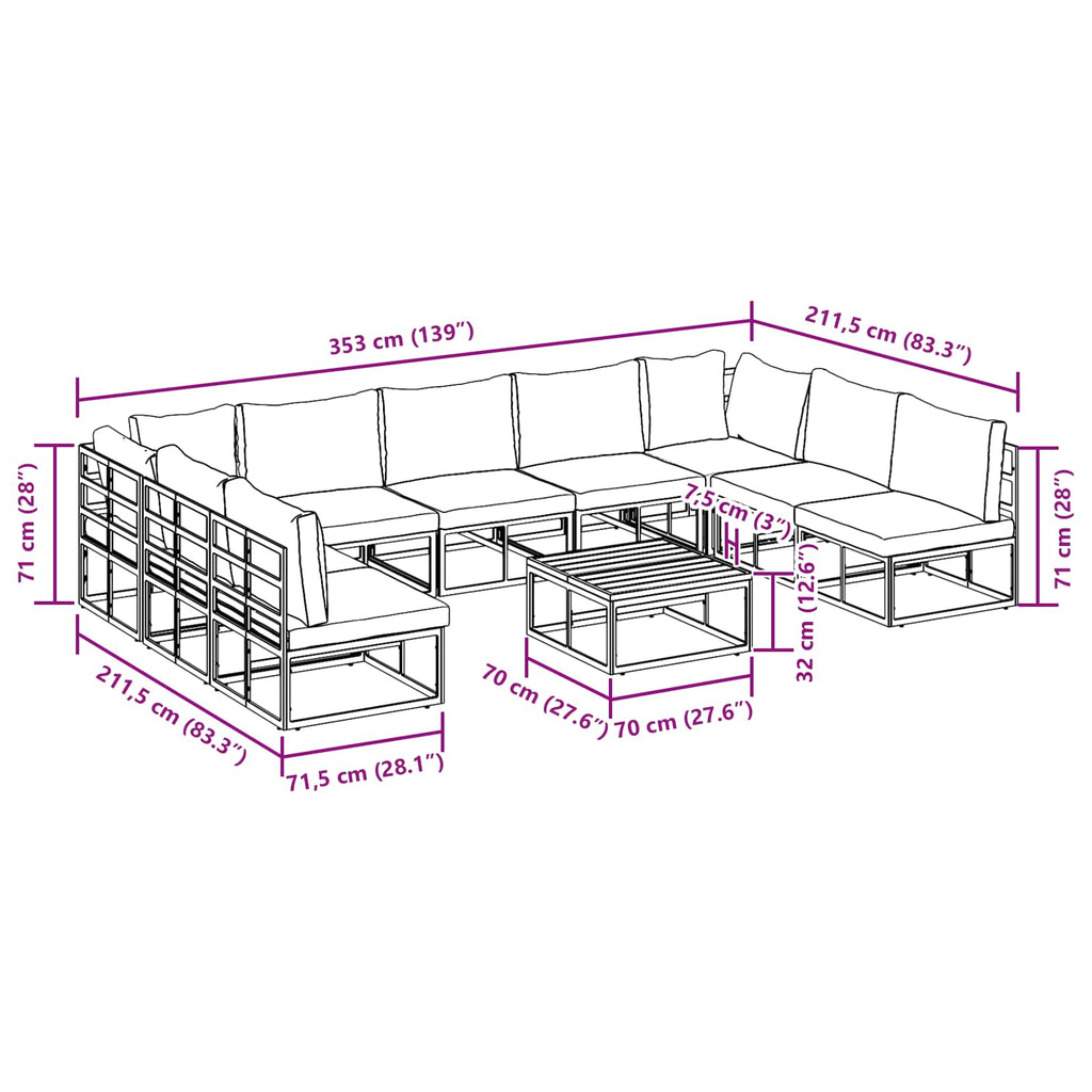 Conjunto de sofás de jardín con cojín 10 pcs Negro Aluminio