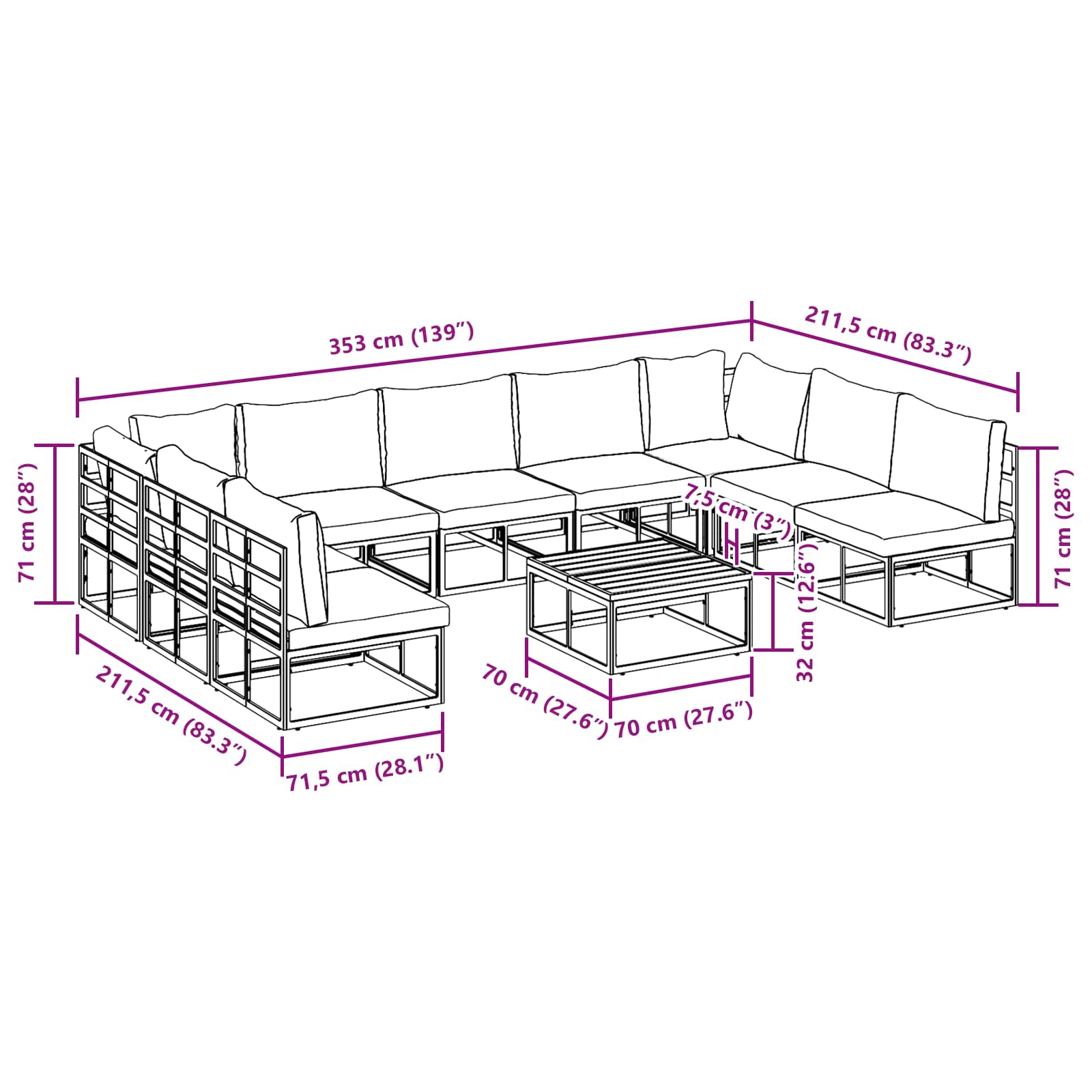 Conjunto de sofás de jardín con cojín 10 pcs Negro Aluminio