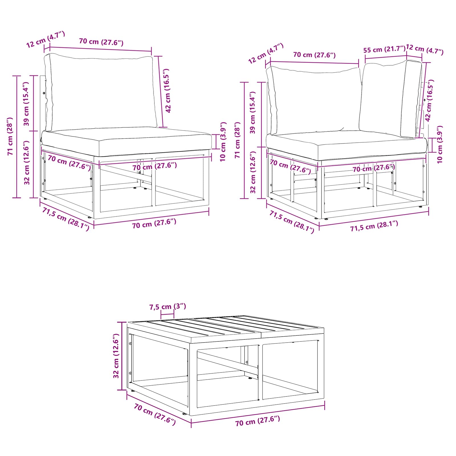 Conjunto de sofás de jardín con cojín 10 pcs Negro Aluminio