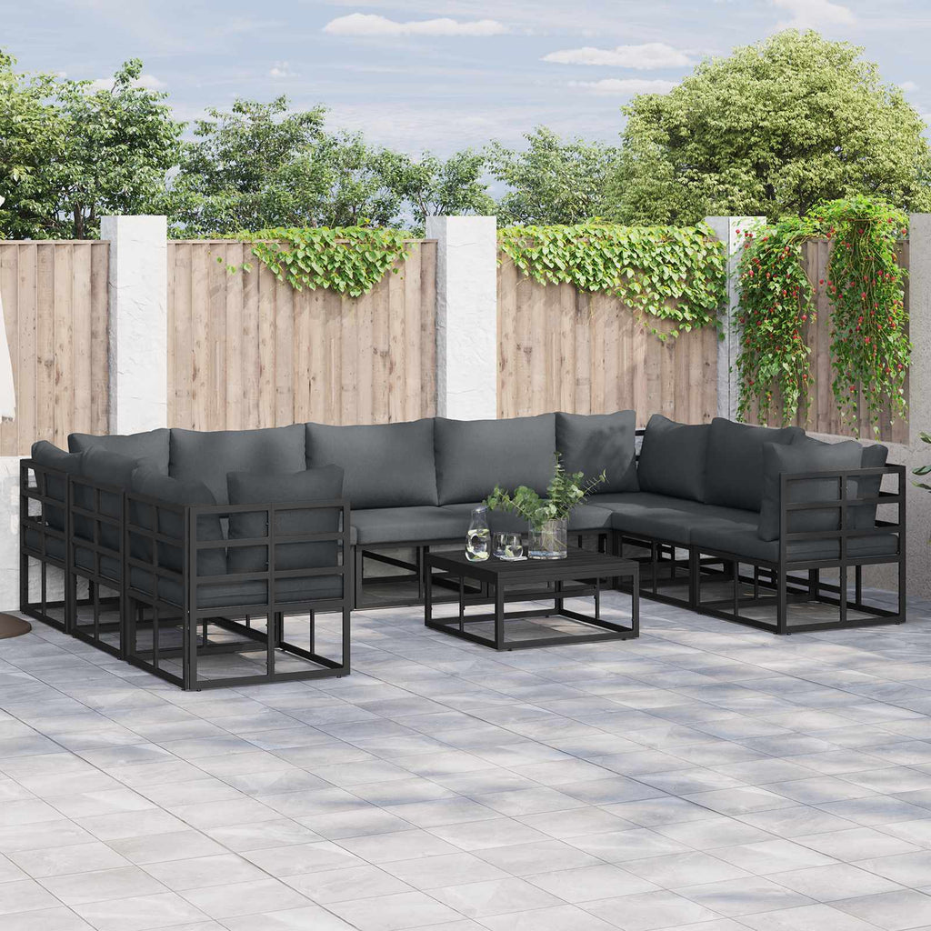 Conjunto de sofás de jardín con cojín 10 pcs Negro Aluminio
