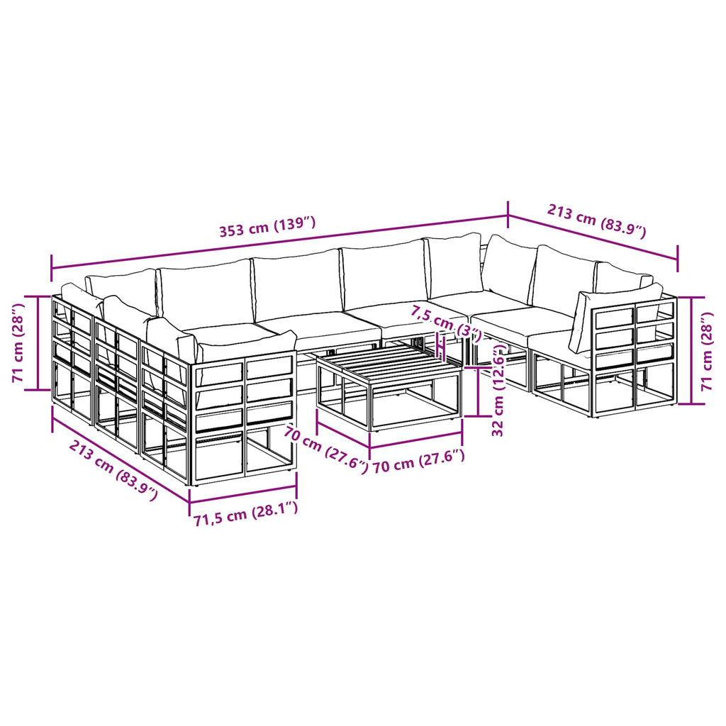 Conjunto de sofás de jardín con cojín 10 pcs Negro Aluminio