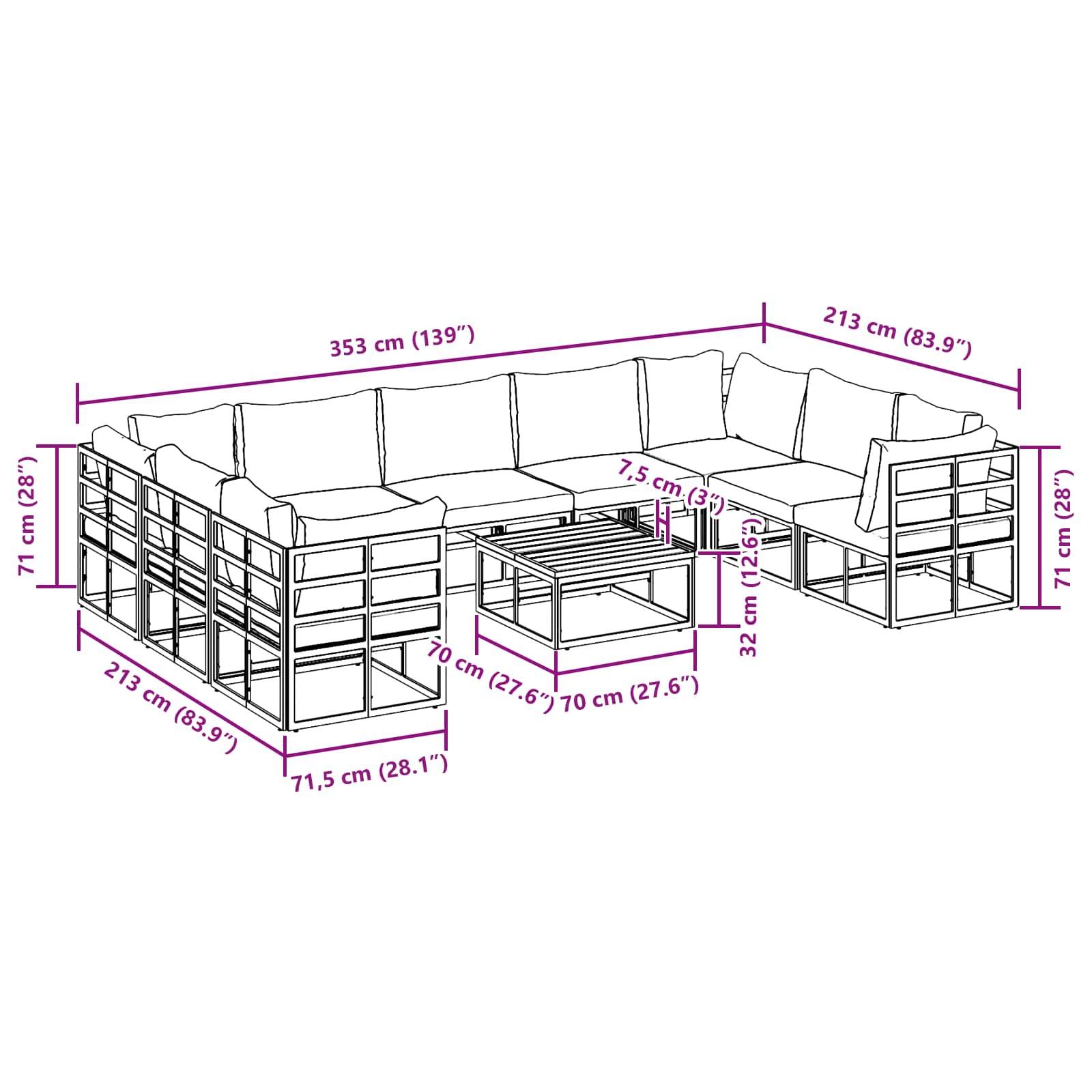 Conjunto de sofás de jardín con cojín 10 pcs Negro Aluminio
