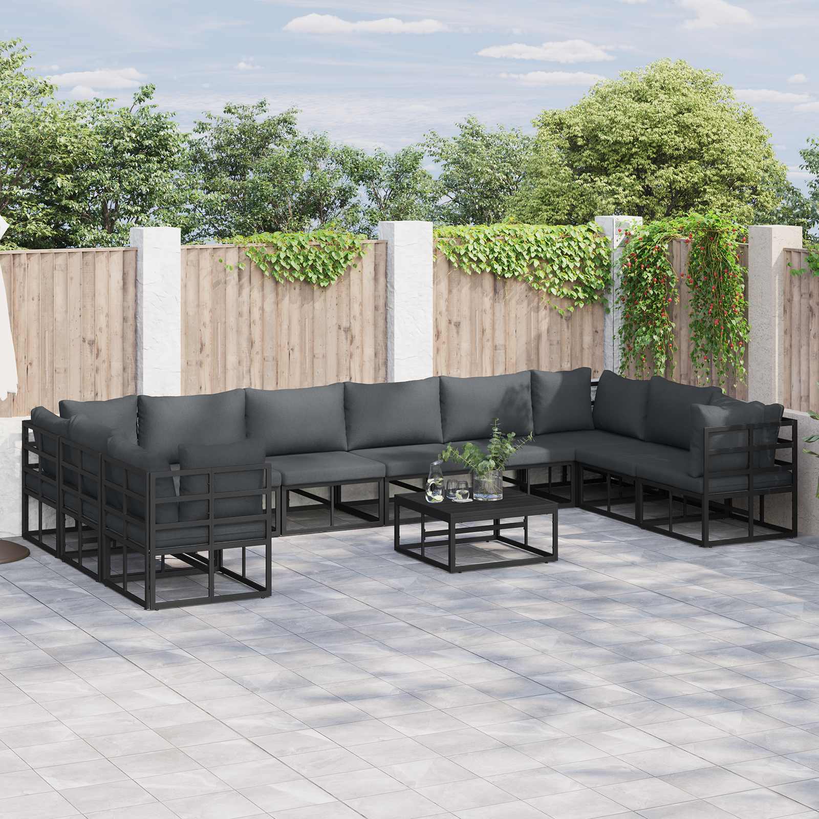 Conjunto de sofás de jardín con cojín 10 pcs Negro Aluminio