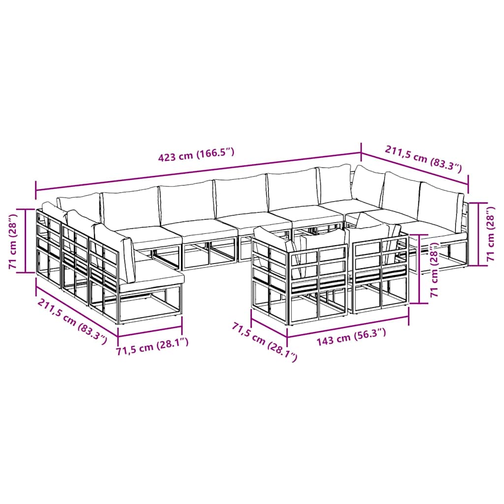 Conjunto de sofás de jardín con cojín 12 pcs Negro Aluminio