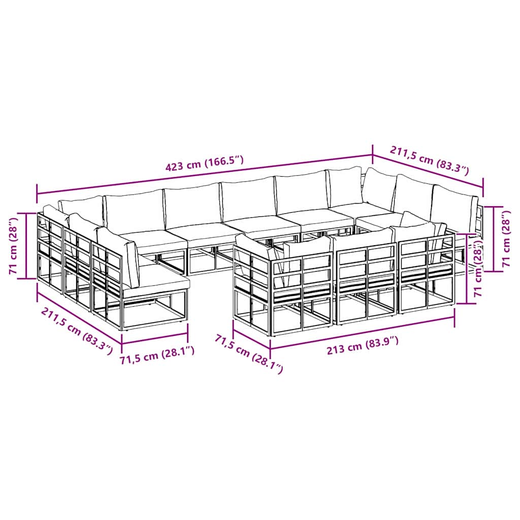 Conjunto de sofás de jardín con cojín 13 pcs Negro Aluminio