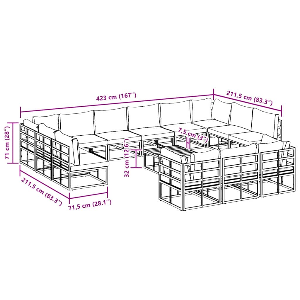 Conjunto de sofás de jardín con cojín 14 pcs Negro Aluminio