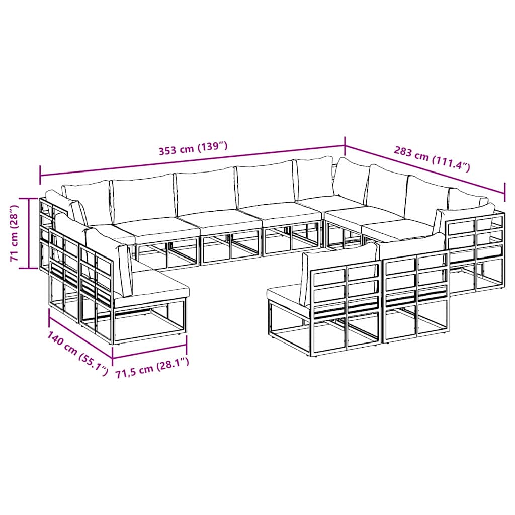 Conjunto de sofás de jardín con cojín 12 pcs Negro Aluminio