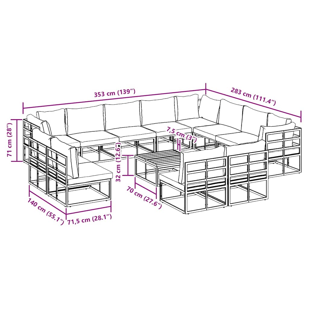 Conjunto de sofás de jardín con cojín 13 pcs Negro Aluminio