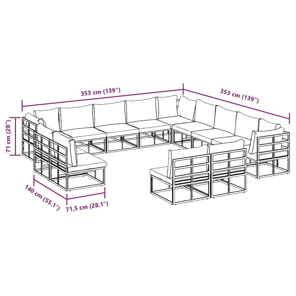 Conjunto de sofás de jardín con cojín 13 pcs Negro Aluminio