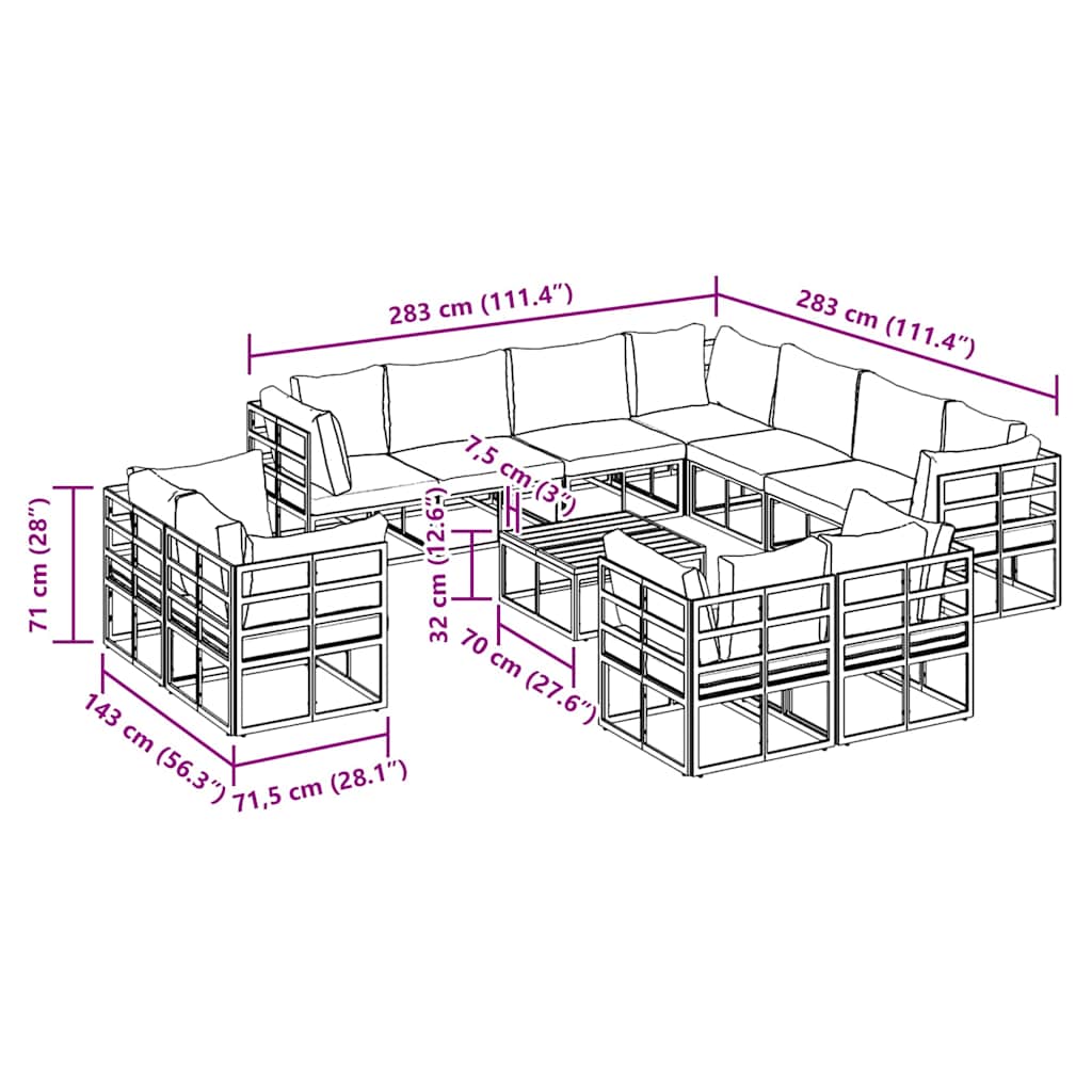 Conjunto de sofás de jardín con cojín 12 pcs Negro Aluminio