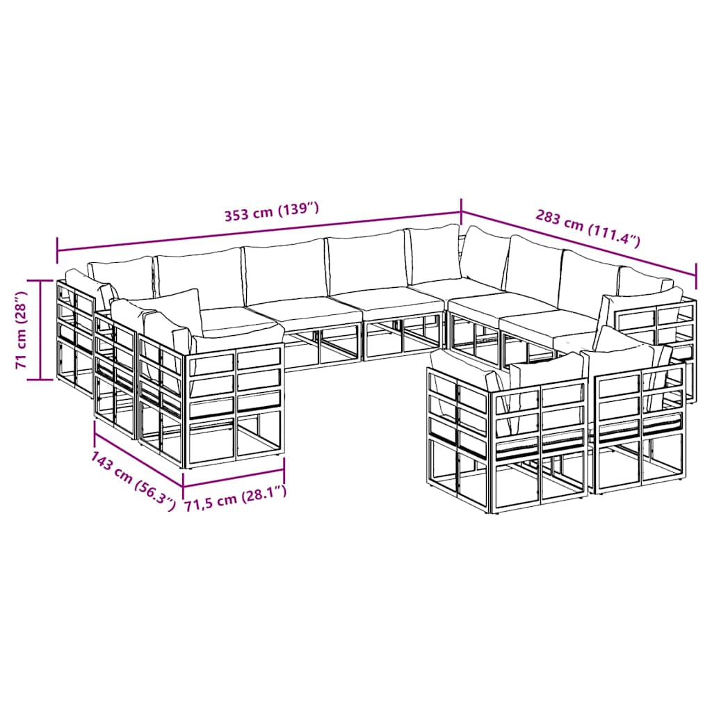 Conjunto de sofás de jardín con cojín 12 pcs Negro Aluminio