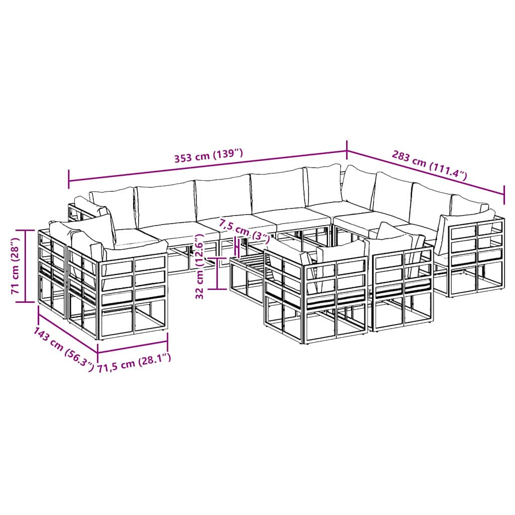 Conjunto de sofás de jardín con cojín 13 pcs Negro Aluminio