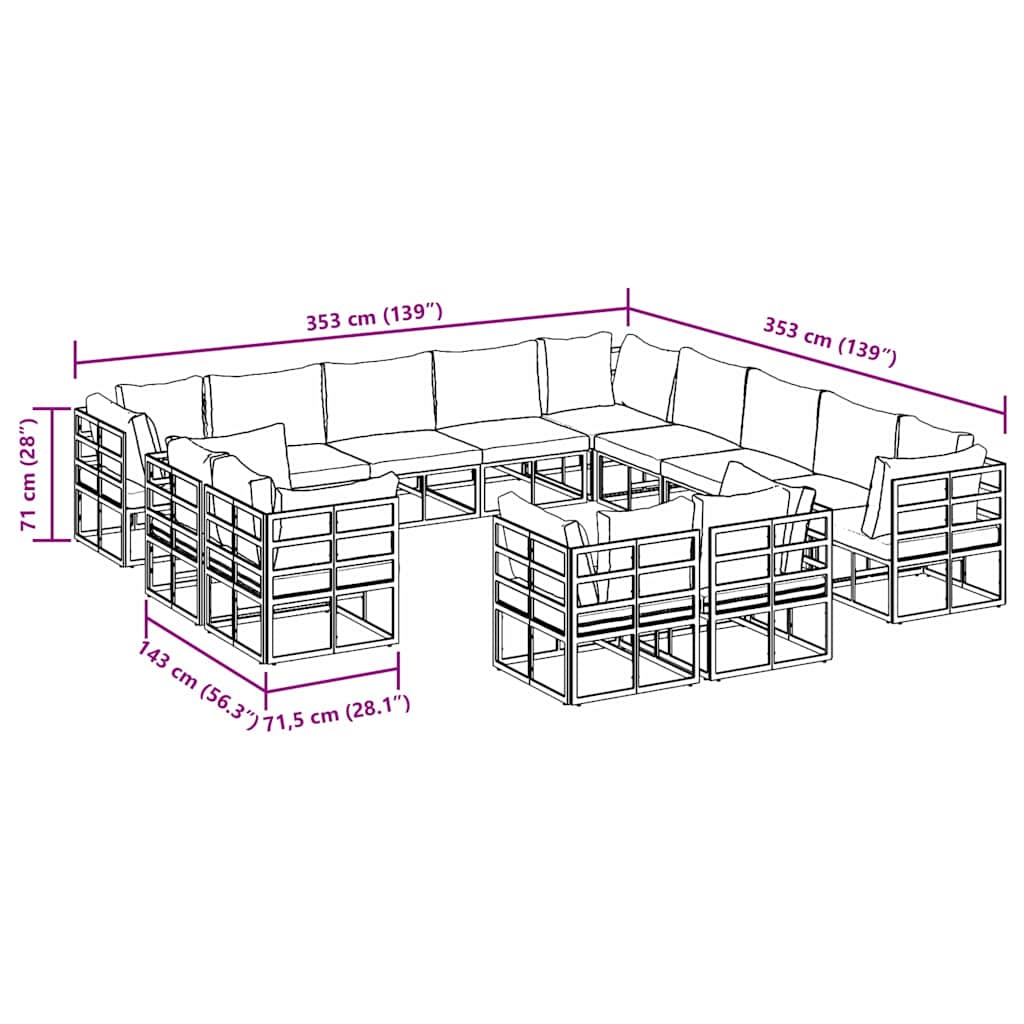 Conjunto de sofás de jardín con cojín 13 pcs Negro Aluminio