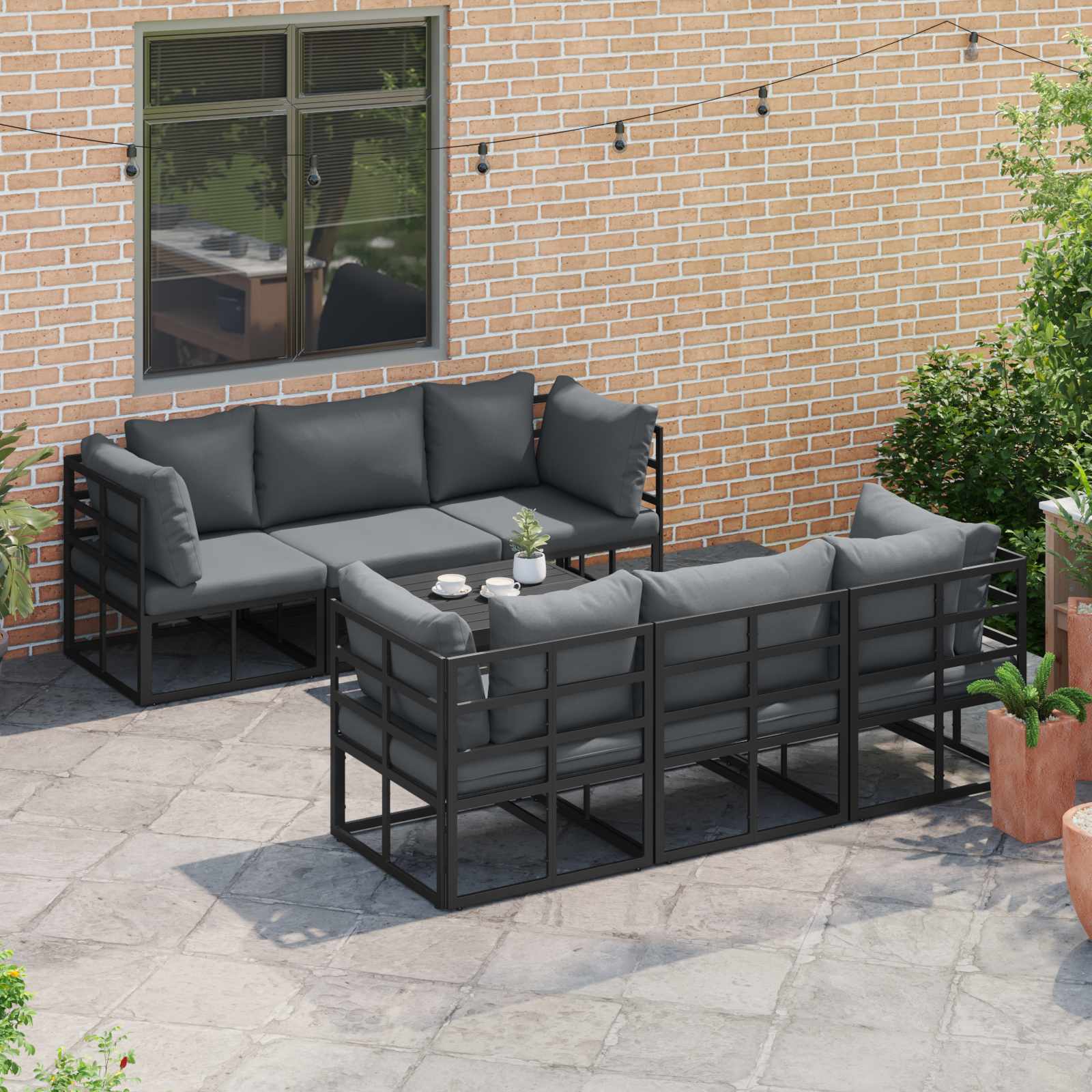 Conjunto de sofás de jardín con cojín 7 pcs Negro Aluminio