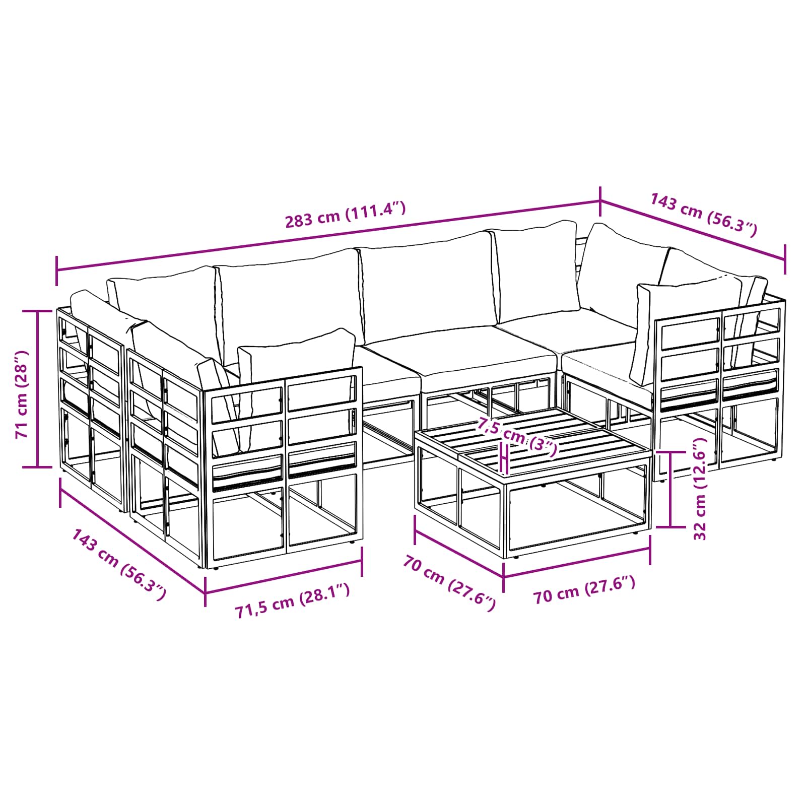 Conjunto de sofás de jardín con cojín 7 pcs Negro Aluminio