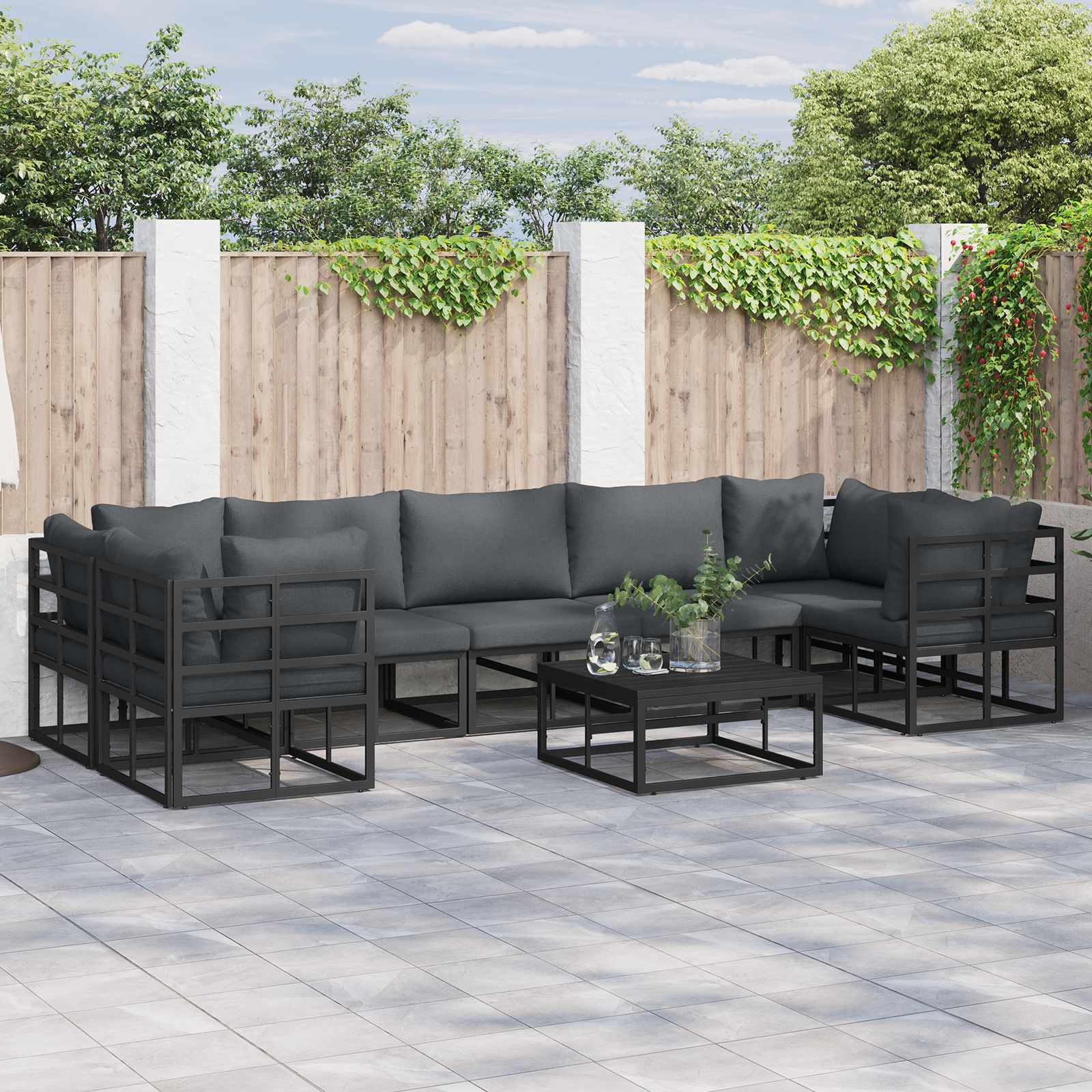 Conjunto de sofás de jardín con cojín 8 pcs Negro Aluminio