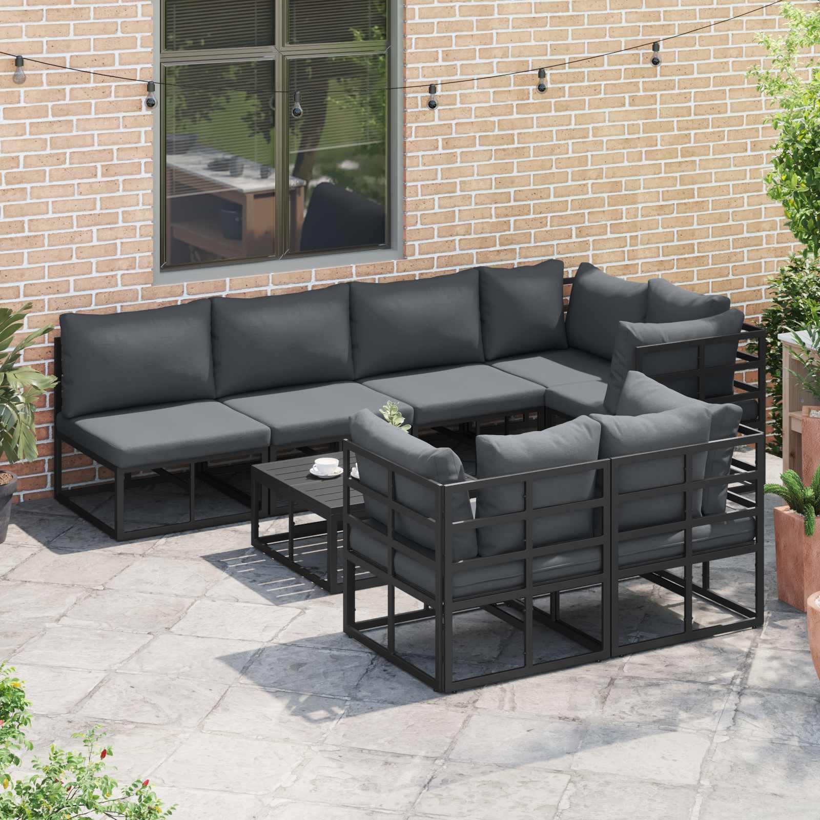 Conjunto de sofás de jardín con cojín 8 pcs Negro Aluminio