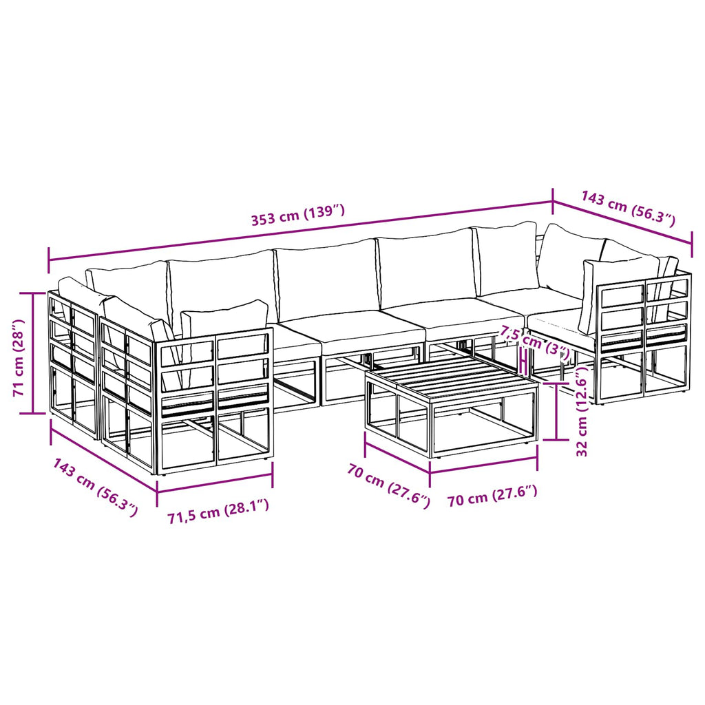 Conjunto de sofás de jardín con cojín 8 pcs Negro Aluminio