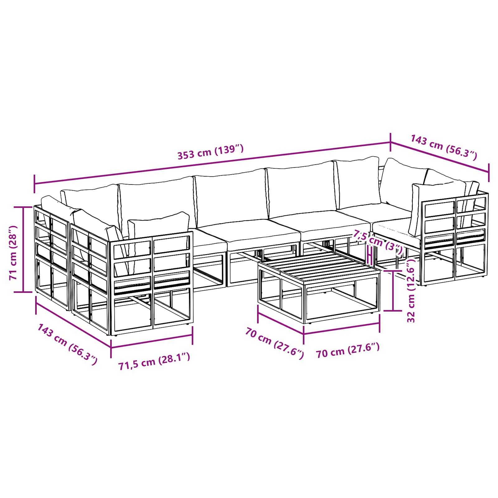 Conjunto de sofás de jardín con cojín 8 pcs Negro Aluminio
