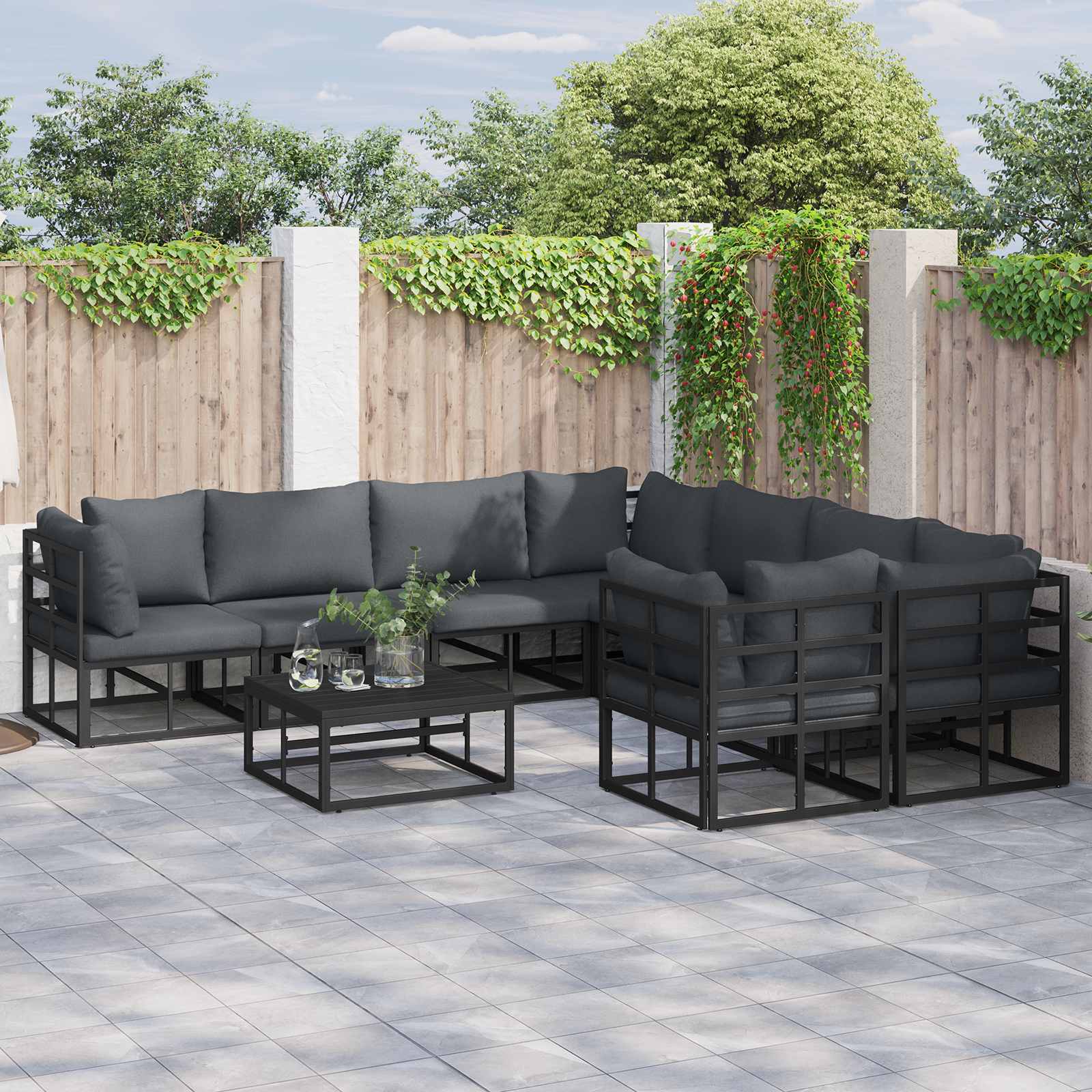 Conjunto de sofás de jardín con cojín 9 pcs Negro Acero