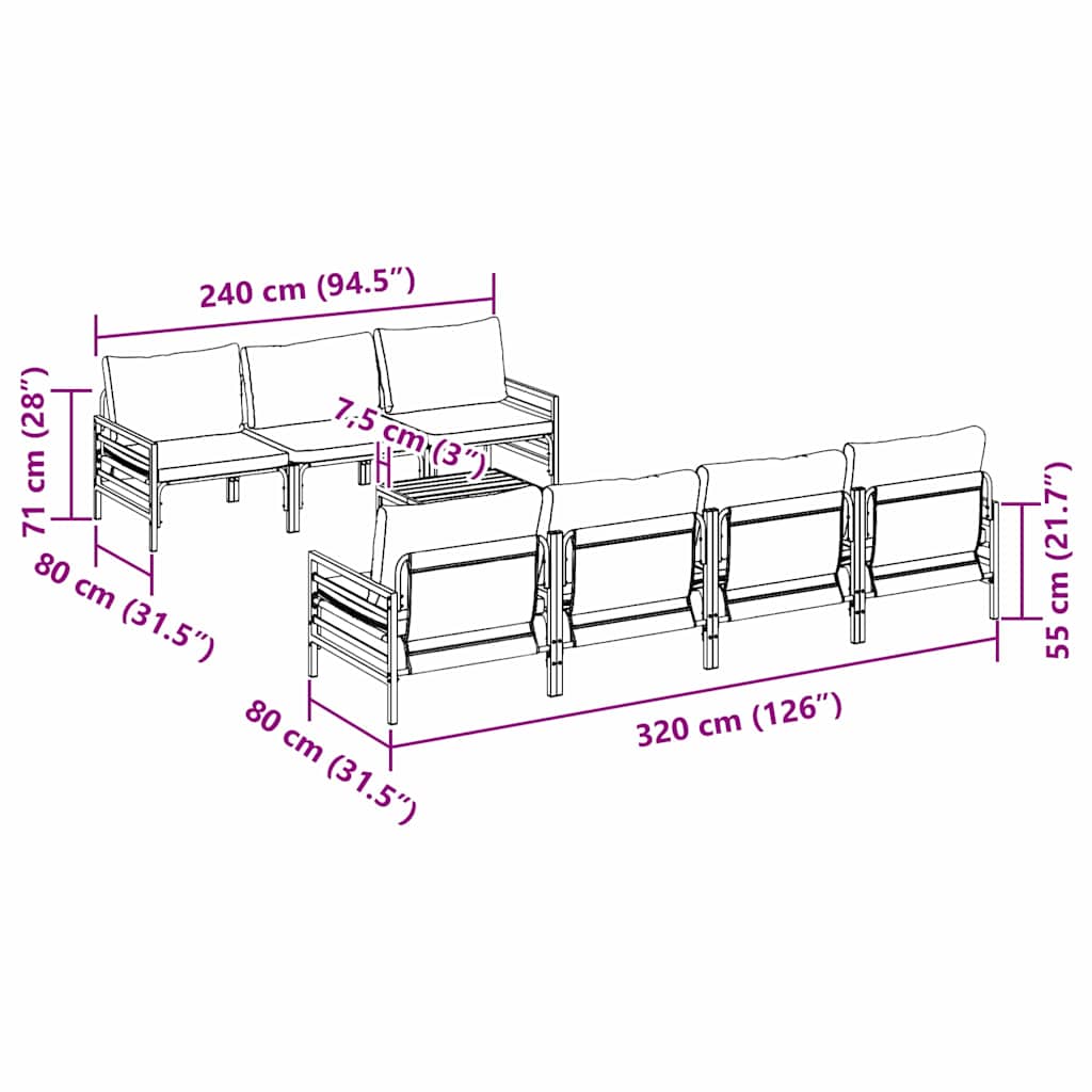 Conjunto de sofás de jardín con cojín 8 pcs Negro Acero