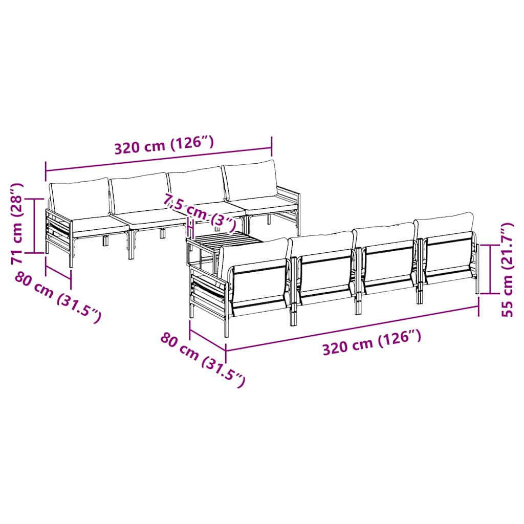 Conjunto de sofás de jardín con cojín 9 pcs Negro Acero
