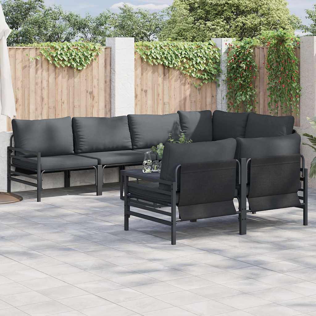 Conjunto de sofás de jardín con cojín 7 pcs Negro Acero