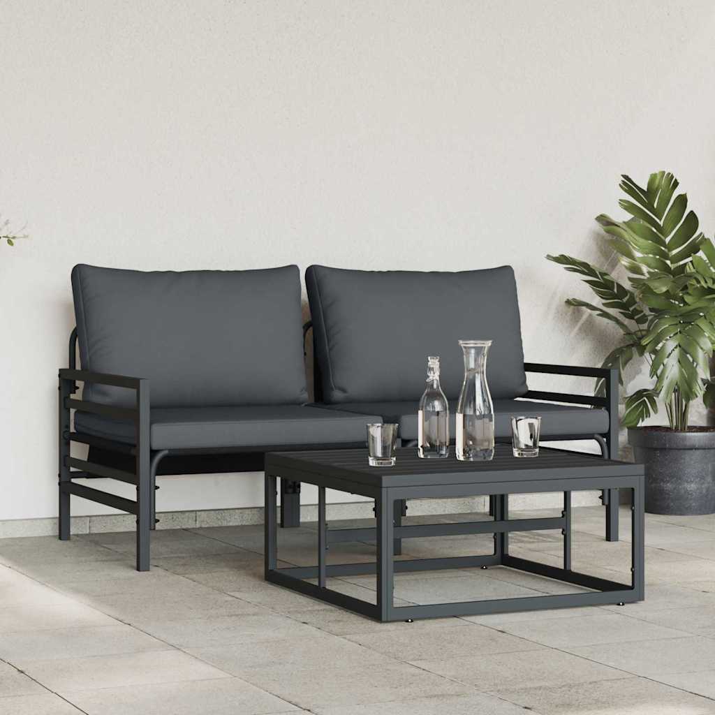 Conjunto de sofás de jardín con cojín 3 pcs Negro Acero