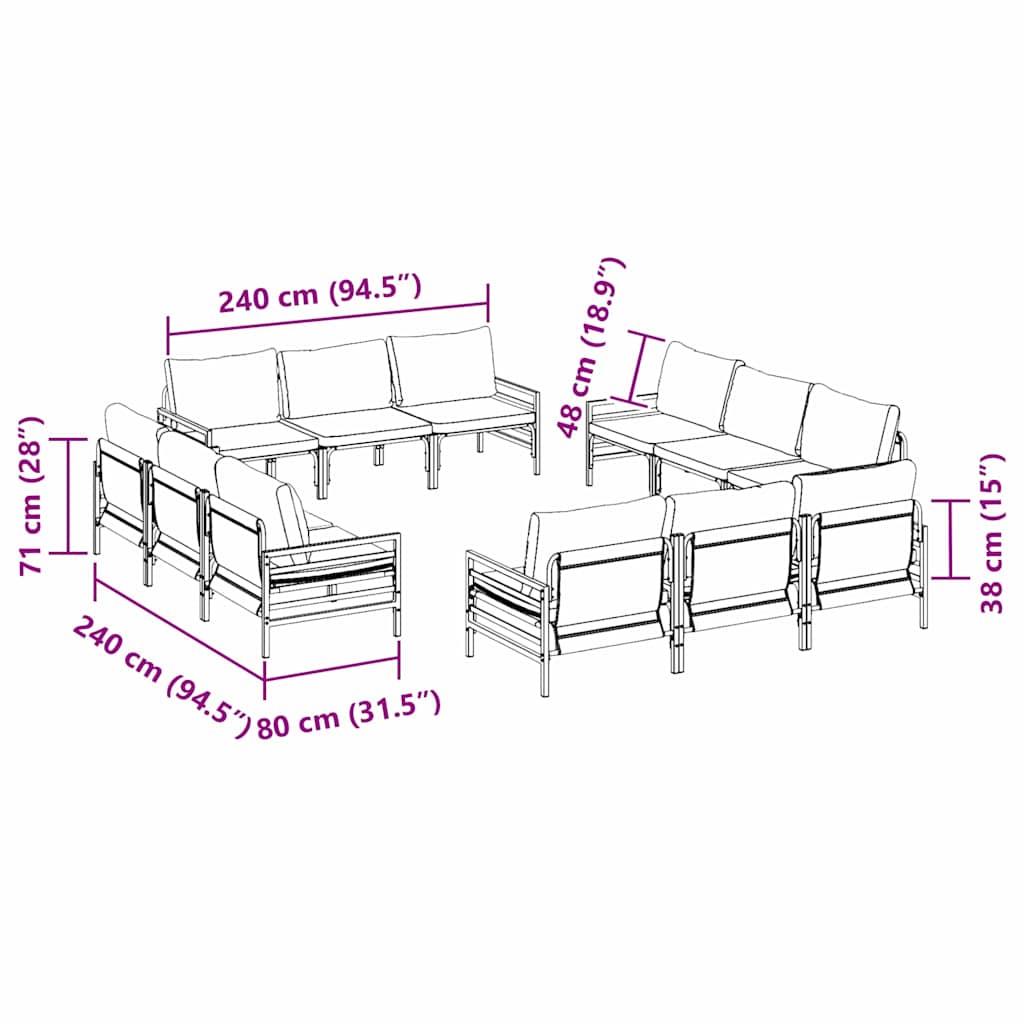 Conjunto de sofás de jardín con cojín 12 pcs Negro Acero