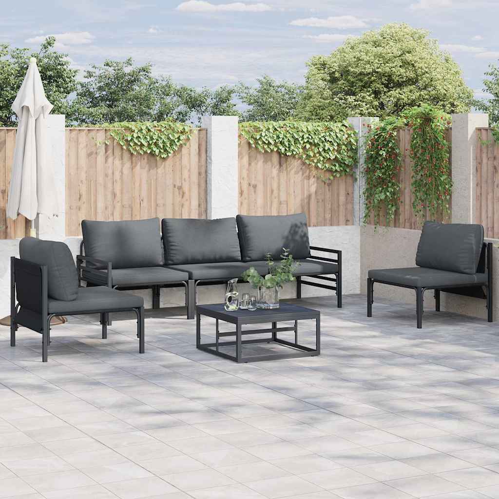 Conjunto de sofás de jardín con cojín 5 pcs Negro Acero