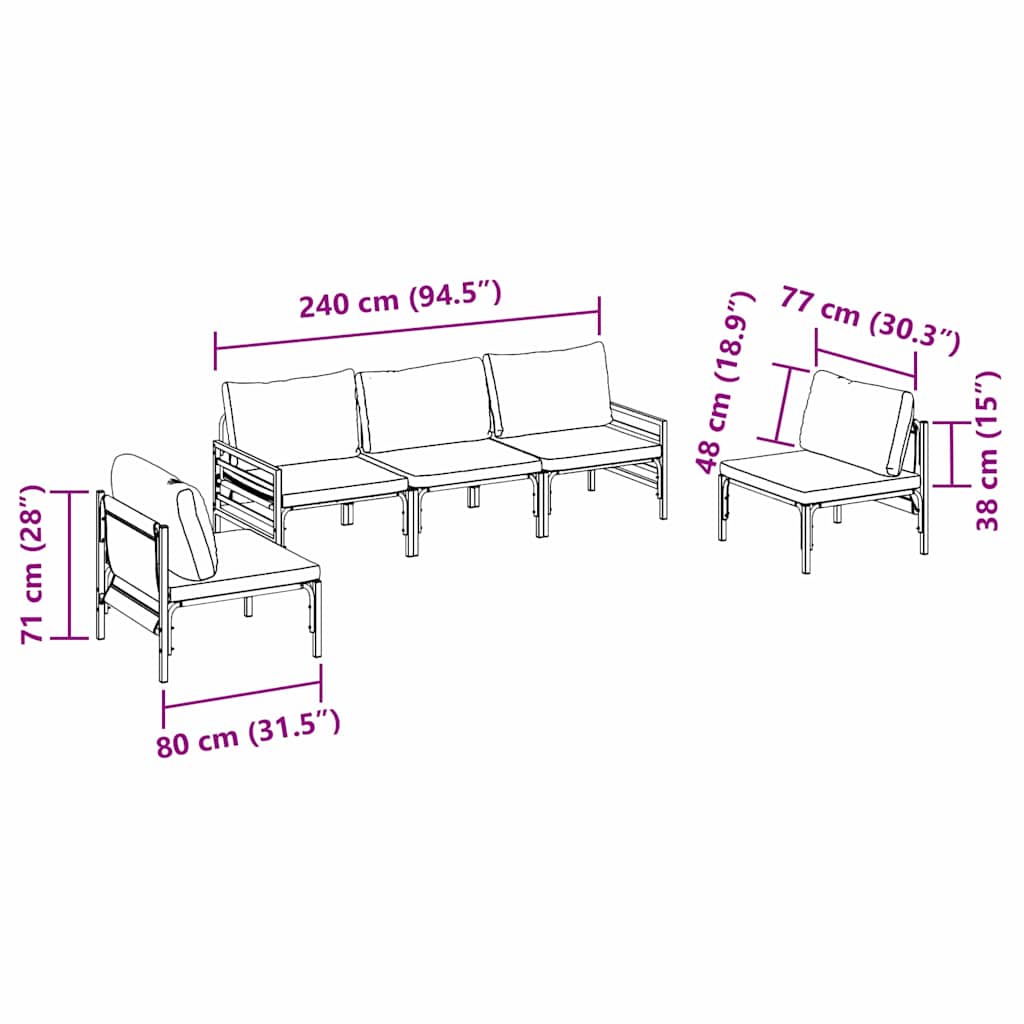 Conjunto de sofás de jardín con cojín 5 pcs Negro Acero
